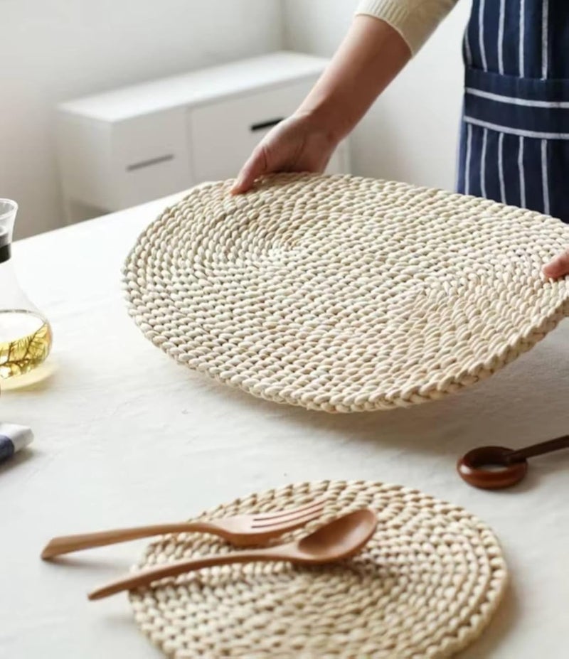 مجموعة قواعد أكواب دائرية من الخوص، مفرش طاولة منسوج طبيعي، حجم كبير، مفرش طاولة من الروطان مصنوع يدويًا.